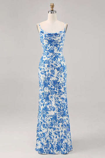 Blue Flower Cowl Neck Mermaid Long Wedding Guest Dress